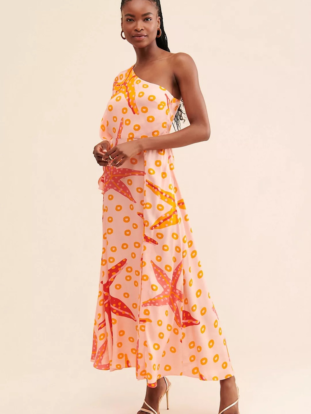 FARM Rio Pink One-Shoulder Starfish Print Maxi Dress